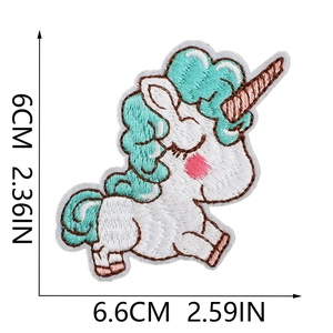 Detailed embroidered unicorn patch with rainbow mane showing 6.6cm x 6cm dimensions