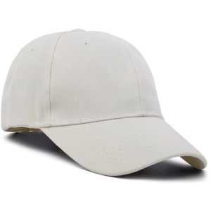 Side view of beige cotton baseball cap with structured panels and stitched brim detail