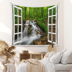 Detail of bohemian 3D window tapestry featuring a lush forest waterfall scene in a bedroom