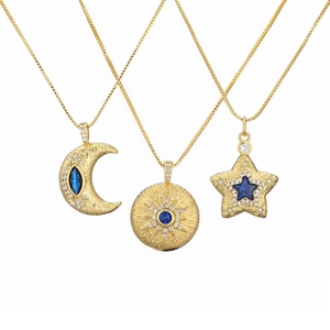 Minimalist Celestial Pendant Necklace Gold Plated Copper With Blue Stone Micro Pave Zircon Moon Star Sun Geometric Box Chain Jewelry For Women