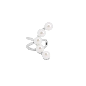 Elegant silver pearl ear cuff with five white freshwater pearls on a white background