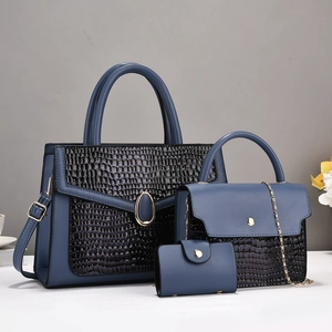 Three-piece women's tote set in blue and black crocodile pattern PU leather