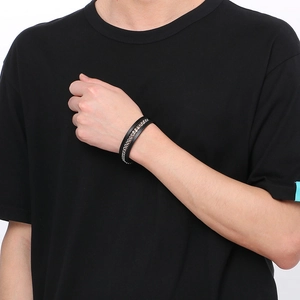 Men's black microfiber leather braided bracelet with silver stainless steel chain detail