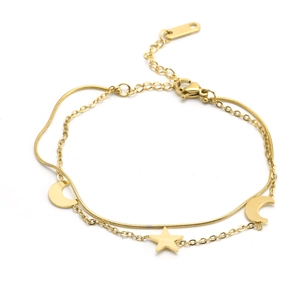 Bracciale Doppio Strato Con Pendente Stella E Luna Acciaio Inossidabile Placcato Oro Catena Serpente Per Donna