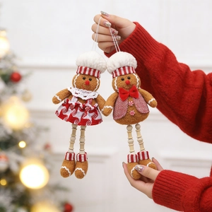 Gingerbread man plush ornaments with wooden beaded legs for Christmas tree decoration