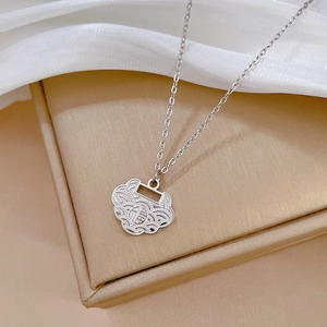 Titanium steel silver lucky lock necklace with Fu character on beige gift box