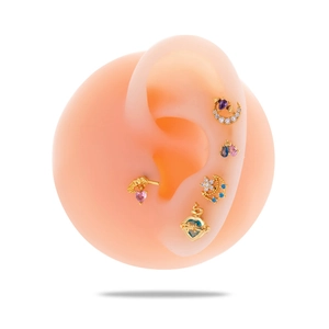 Gold stainless steel cartilage studs with colorful zircon moon and star shapes