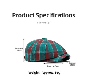 Detailed dimensions of the plaid beret hat with green and red check pattern texture