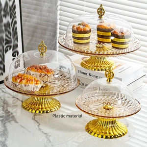 Cake Stand With Lid Golden Pedestal Fruit Plate Transparent Embossed Plastic Dessert Tray Wedding Party Home Decor
