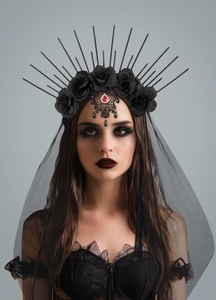 Gothic queen headpiece with black lace roses, spikes, and a ruby pendant with a long veil