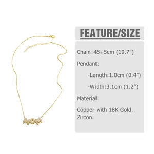 Detail view of 18K gold plated mom pendant necklace with size and material specifications