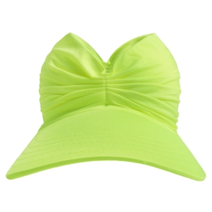 Detail of neon green sun visor featuring a unique twisted knot design and reinforced stitching