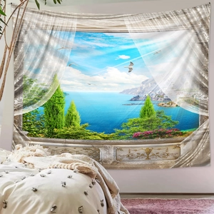 Detail of Mediterranean sea view wall tapestry with balcony window and white curtains