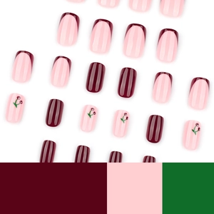Short square press-on nails set in burgundy and pink with cherry art and glossy finish