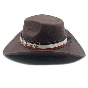 Detail eines dunkelbraunen Suede-Cowboyhuts mit Stern-Nieten und Schlangenmuster
