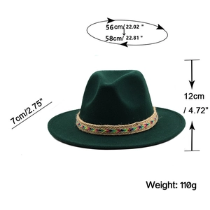 Detail specifications of wool fedora hat with embroidered band and size measurements