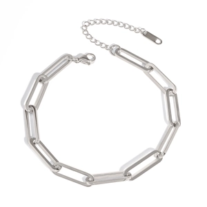 Close-up of silver paperclip chain bracelet with lobster clasp and adjustable links
