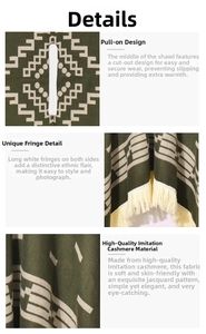 Detail of western poncho featuring green jacquard geometric patterns and white fringe