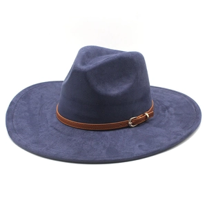 Navy blue suede fedora hat with wide brim and brown leather strap with metal buckle