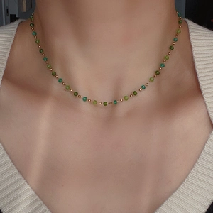French style colorful crystal choker in green tones with 18k gold plated titanium chain