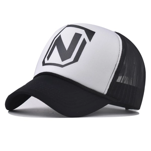 Detail of classic black and white trucker hat featuring a bold letter N logo and mesh back