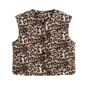 Close-up of leopard print vest with v-neck design and button-up front closure