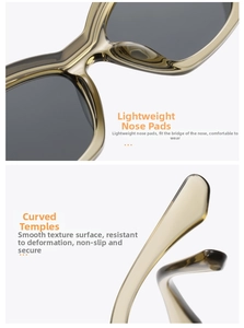 Detail view of lightweight nose pads and anti-slip curved temples on amber sunglasses