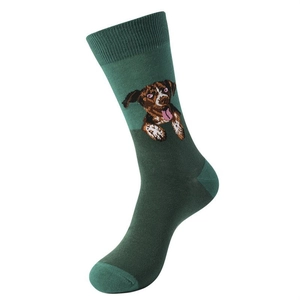Detailed close-up of dark green mid-calf sock with colorful knitted cartoon dog pattern