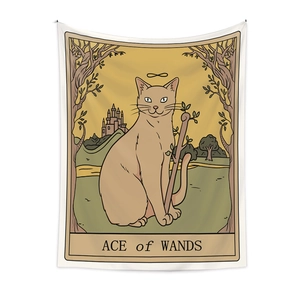 Detail of Ace of Wands tarot cat tapestry with intricate feline illustration and castle background
