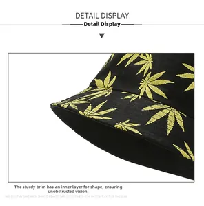 Detail of leaf print bucket hat with sturdy brim and reinforced sandwich inner layer
