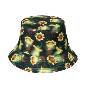 Black bucket hat with cute sunflower and sloth patterns shown on a white background