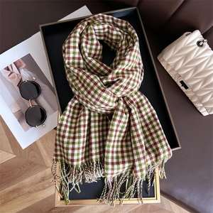 British style green and brown plaid faux cashmere scarf with fringe tassels for winter