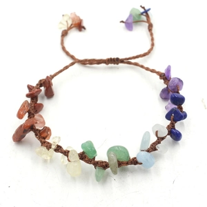 Handmade woven prehnite and chakra stone bracelet with adjustable brown cord for women