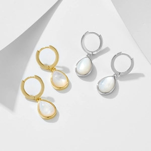 Elegant S925 silver teardrop earrings with white shell inlay in gold and silver finish