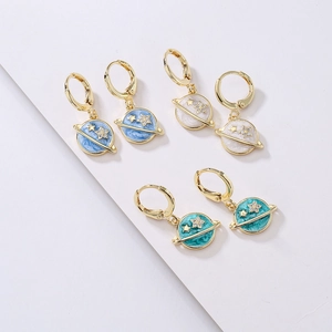 Planet Hoop Earrings Copper Gold Plated With Zircon Star Enamel Drip Oil Geometric Creative Jewelry For Women