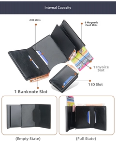 Detail view of the black leather wallet internal compartments and pop-up card holder mechanism