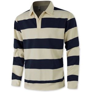 Polo en maille à manches longues pour homme avec rayures beige et bleu marine et col boutonné