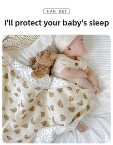 Detailed view of baby blanket with soft brown bear pattern and cozy minky dot texture