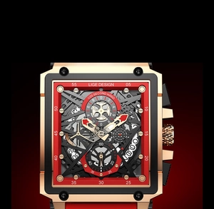Macro view of LIGE square hollow out watch dial with red accents and calendar detail