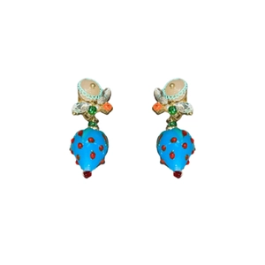 Fresh resin strawberry drop earrings with colorful enamel accents and silver needle studs