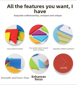 Detail of colorful wooden geometric puzzles with rounded edges and educational cards
