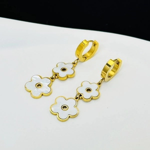 Golden five-petal flower drop earrings in stainless steel with white enamel finish