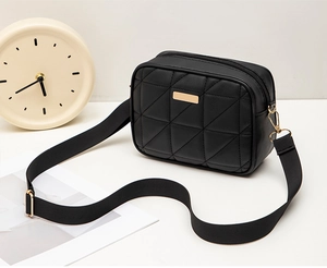 Detail of black quilted crossbody bag showing triangular pattern and gold metal plate