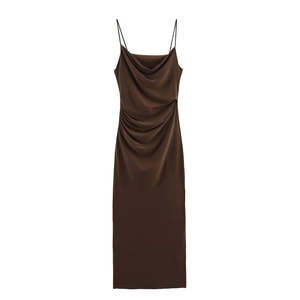Detail of dark brown satin slip dress featuring elegant ruching and a cowl neckline