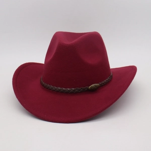 Classic burgundy felt cowboy hat with a braided leather band and bronze buckle