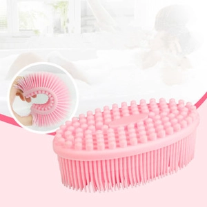 Pink double-sided silicone baby bath brush for gentle cleansing and sensory massage