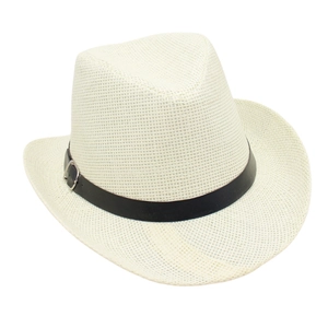 Detail view of a white western cowboy straw hat with a black belt buckle.