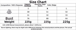 Size chart showing S, M, L dimensions for knit vest and pleated skirt set in beige color