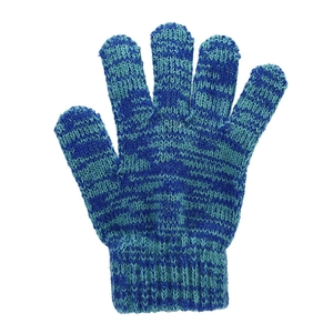 Close-up of blue and green mixed-color knit glove with ribbed cuff for kids
