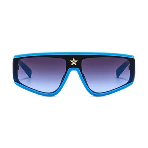 Oversized gradient purple sunglasses with blue-black frame and gold star accent